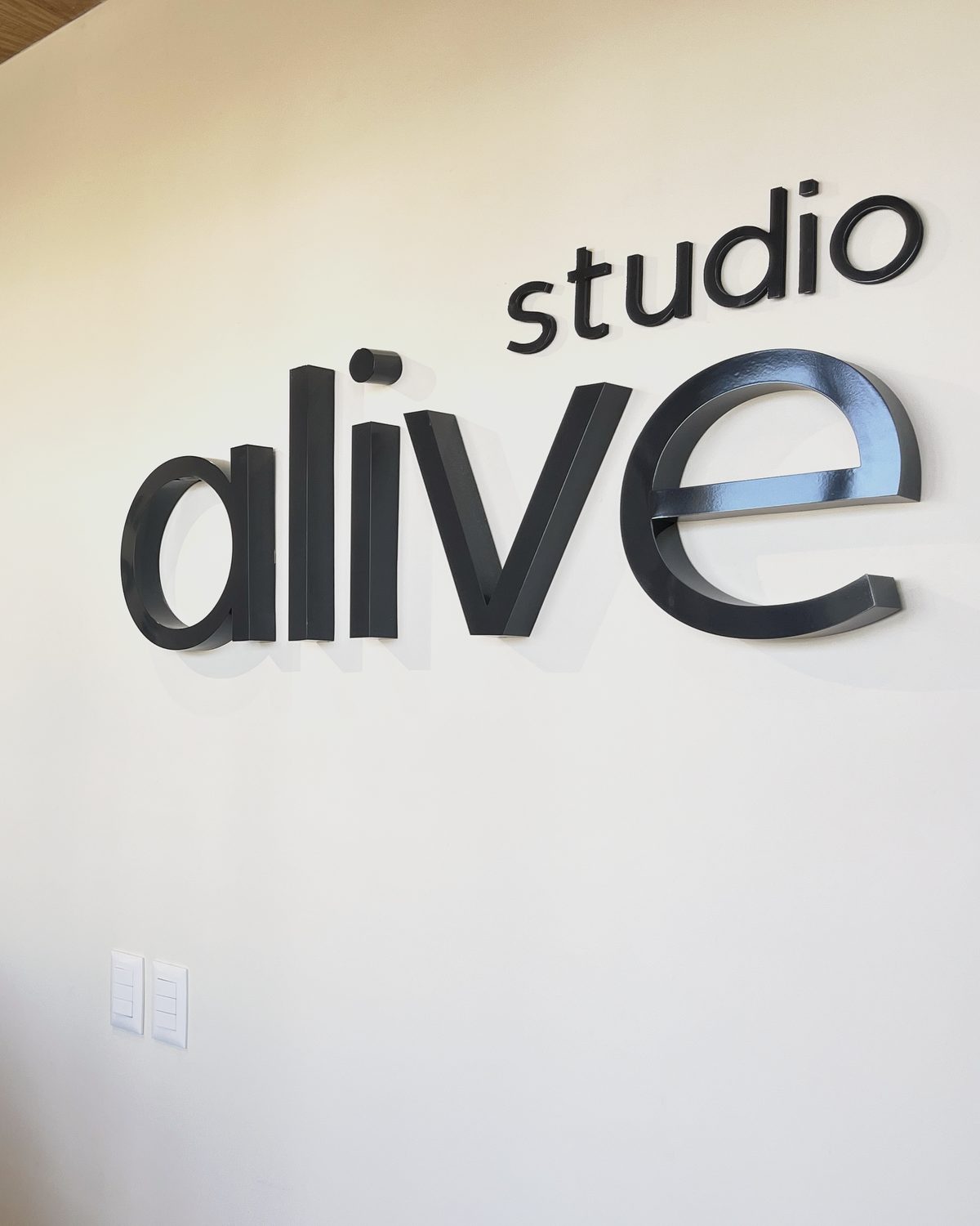 Recepción de Studio Alive con el isotipo y las letras studio alive montadas en muro
