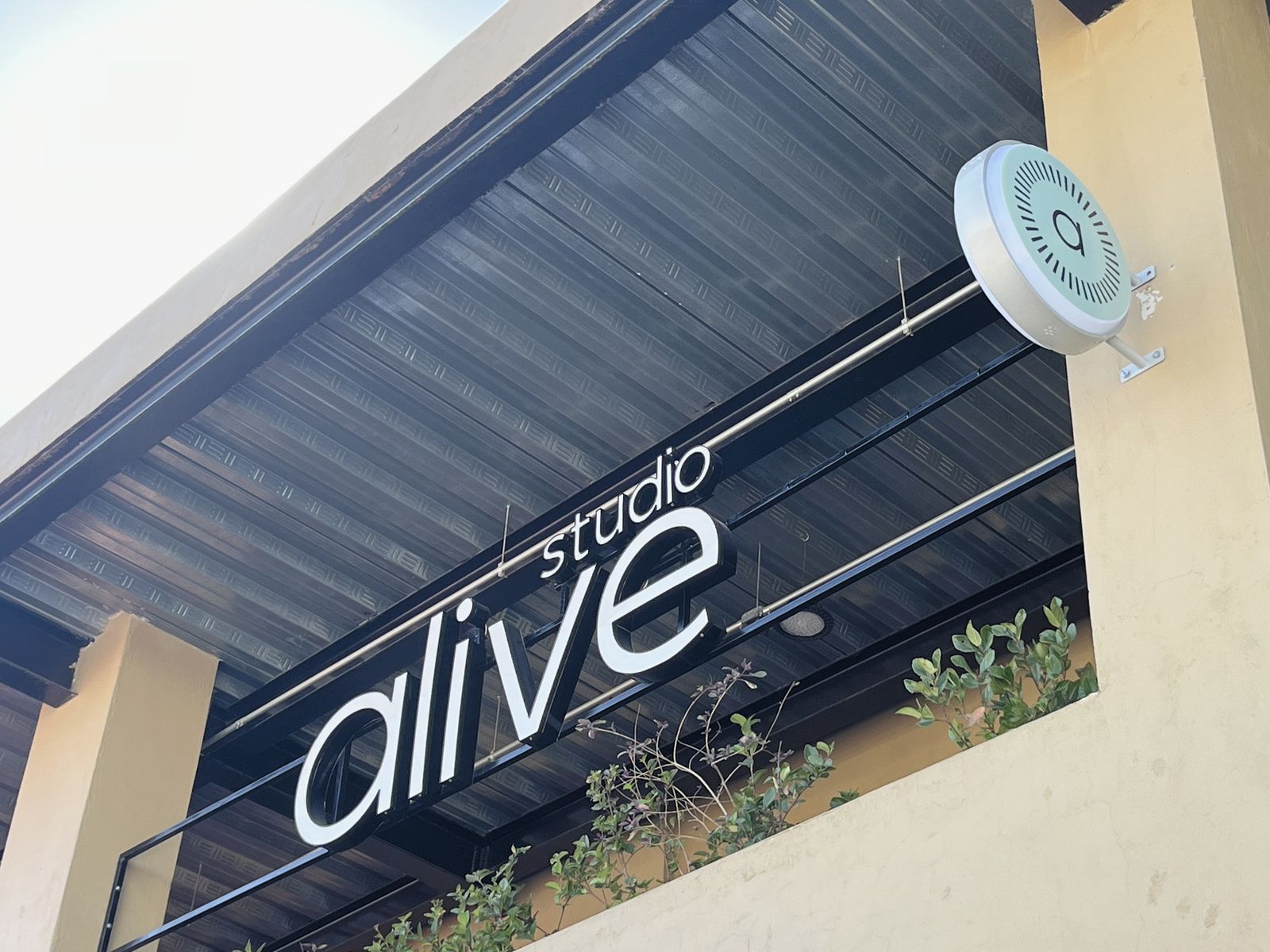 Vista lateral de la fachada con las letras studio alive y un letrero circular en la esquina